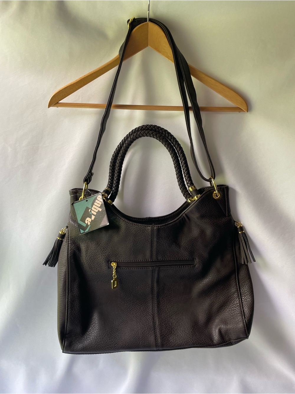 LaTique Espresso Mallorca Tote Bag with Braided Handles And Crossbody Straps